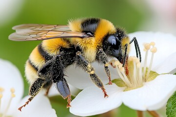 Close-up of a bumblebee on a pear blossom, its fuzzy body covered in pollen, with the soft white petals framing the scene
