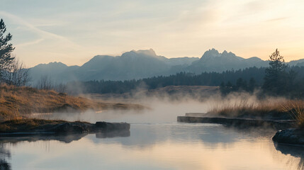 Fototapeta premium misty mountain lake at sunset with reflections on calm water