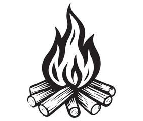 Burning bonfire with a large flame for camping, Illustration of a fire icon, Campfire silhouette vector, Campfire icon