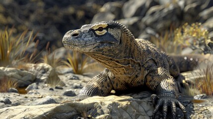 A Komodo Dragon Resting on Rocks in a Sunlit Forest
