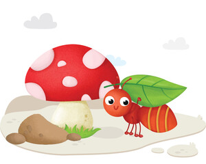 Funny animal ant with background mushroom