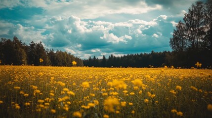 Obraz premium Yellow flowers, clouds grace Latvia's summer