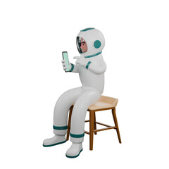 3D Space Practitioner. A male astronaut sits on a chair while playing with a cellphone. Male Astronaut