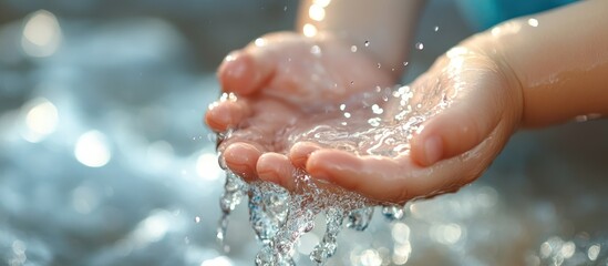 Fototapeta premium Closeup of child's hands cupping water with splashes.