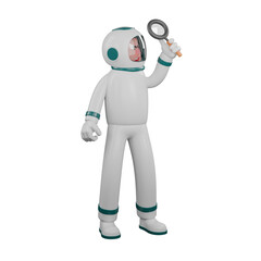 Animated Professional Astronaut. A male astronaut stands holding a magnifying glass with his left hand. 3D Male