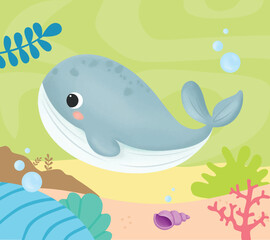 Obraz premium Cute whale with background with seaweed and coral