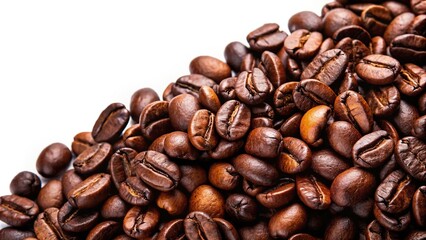 Obraz premium Dark roasted Arabica coffee beans on white background with copy space