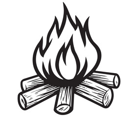Burning bonfire with a large flame for camping, Illustration of a fire icon, Campfire silhouette vector, Campfire icon