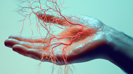 Realistic Depiction of the Circulatory System in a Hand, veins throbbing with liquid silver. 
