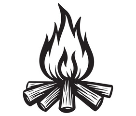 Burning bonfire with a large flame for camping, Illustration of a fire icon, Campfire silhouette vector, Campfire icon