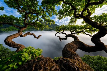 Fog swirling through a grove of ancient oak trees, their twisted branches disappearing into the mist, adding a sense of timelessness and mystery