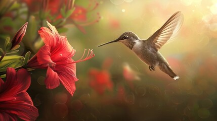 Fototapeta premium Hummingbird Hovering Near a Red Flower in a Sunlit Garden