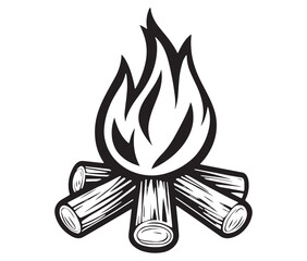 Burning bonfire with a large flame for camping, Illustration of a fire icon, Campfire silhouette vector, Campfire icon