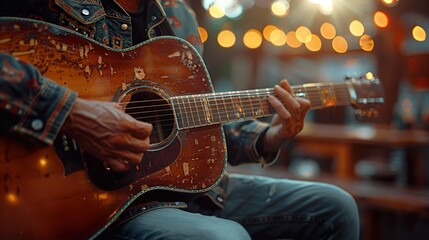 Fototapeta premium Close Up of a Musician Playing an Acoustic Guitar