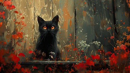 Black Cat with Orange Eyes in a Garden