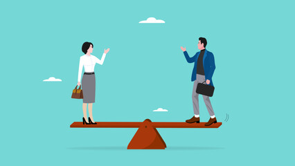 gender equality, Equal Rights of Men and Women, workplace fairness, fairness regarding the diversity of company employees, man and woman standing on a seesaw with equal balance