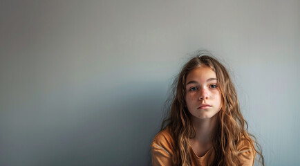 Fototapeta premium Thoughtful Young Girl with Long Hair in a Minimalist Setting