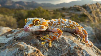 Fototapeta premium A Leopard Gecko Perched on a Rock with Blurred Mountain Background