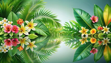 Decorative background with tropical leaves and flowers reflected in water