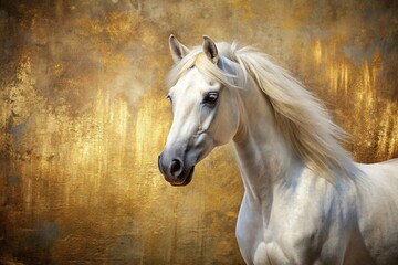 Obraz premium Decorative background with extreme close-up of white horse and gold brushstrokes