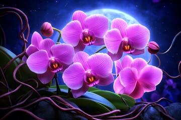 Magical orchids blooming under moonlight, their petals glowing softly, with enchanted vines twisting around them, creating an ethereal and serene pattern