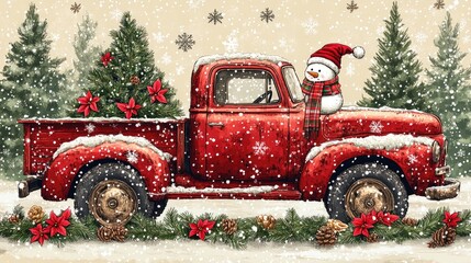 Red vintage truck carrying christmas tree and snowman during snowfall