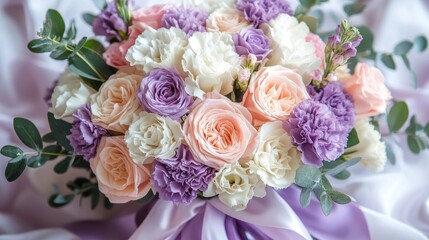 Fototapeta premium Bouquet of white, peach and lavender roses lying on table