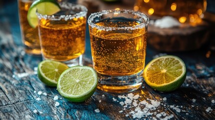 Three glasses of tequila standing on wooden board with salt and lime slices