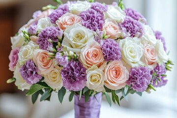 Obraz premium Beautiful wedding bouquet with white and peach roses and purple carnations