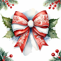 a watercolors painting of a bow decorated in red and white with fluffy white trim with holly leaves and berrieson white background.