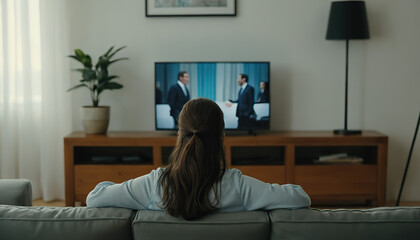 A woman sitting on the couch watching TV, viewed from behind