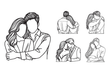 A hand-drawn line art illustration of a couple embracing in a romantic pose