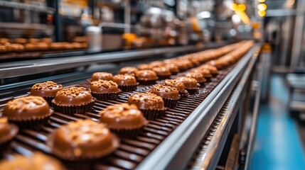 Chocolate candies moving along conveyor belt in a chocolate factory