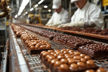 Chocolate candies moving along conveyor belt in a chocolate factory