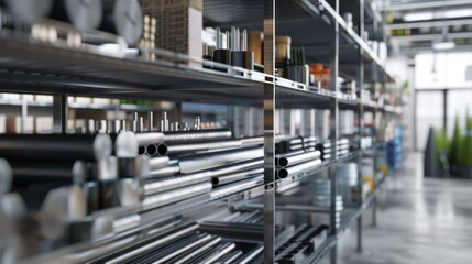 Metal Pipes and Other Hardware on Shelves in a Warehouse