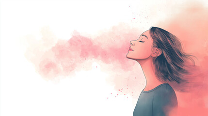 A woman engages in a mindful breathing exercise, exuding tranquility as she enjoys a moment of self-care and mental clarity in a peaceful setting, copy space