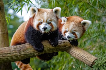 Obraz premium Red pandas climbing bamboo trees, their fluffy tails trailing behind them as they move gracefully through their forested enclosure