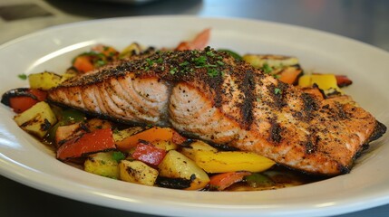Grilled Salmon with Colorful Vegetables on Plate