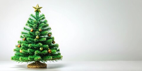 Decorative small Christmas tree with green leaves, isolated on white background