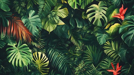 Lush Tropical Foliage with Red Flowers