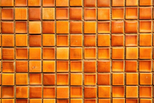 Decorative terracotta tiles wall with asymmetrical pattern in orange tones
