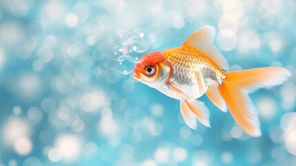 A goldfish blowing bubbles in an aquarium, with a background of aquatic plants and decorations