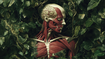 Fototapeta premium Stunning Muscular System Merging with Lush Green Vines, Illustrating the Interconnection of Human Anatomy and Nature, Perfect for Text Integration