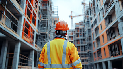 A construction worker in a hard hat and safety vest stands in front of a building under construction.