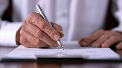 A lawyer reviewing contracts, with a focus on the fine print and signatures