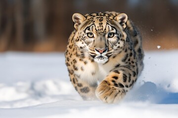 Fototapeta premium Snow leopards stalking through the snow, their thick, spotted fur blending into the white landscape of their exhibit, showcasing their elusive beauty