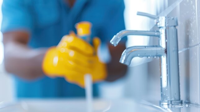 A plumber installing a new faucet in a modern bathroom, with a focus on the shiny fixtures