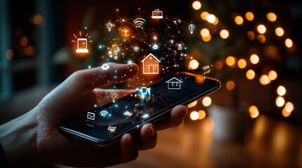 Hand holding smartphone with digital icons and connections