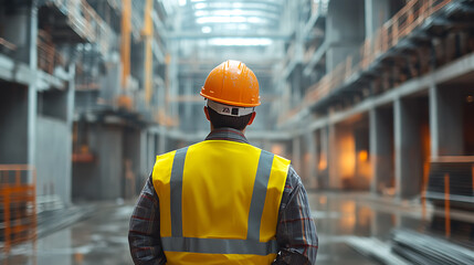 A construction worker wearing a yellow vest and hard hat stands in a building under construction.