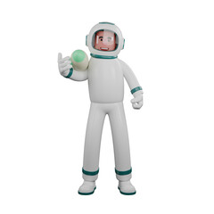 Space 3D Cartoon. A male astronaut stands holding a miniature rocket in his left hand. Male Astronaut